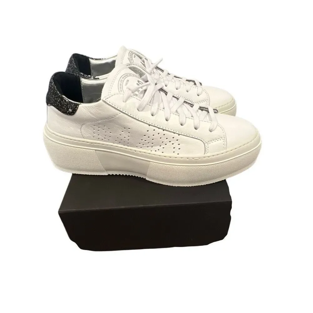 P448 Women’s Leather White Sneakers with black glitter Sz.39 Italy New